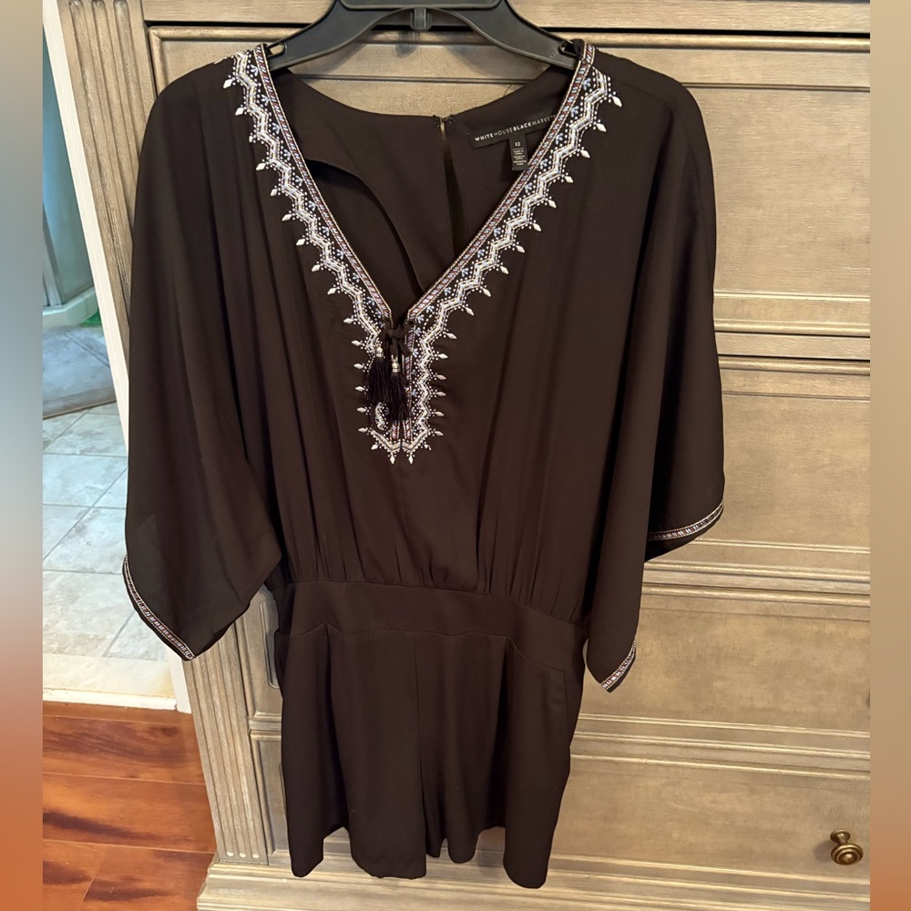 White House Black Market Navy Embroidered V-Neck romper